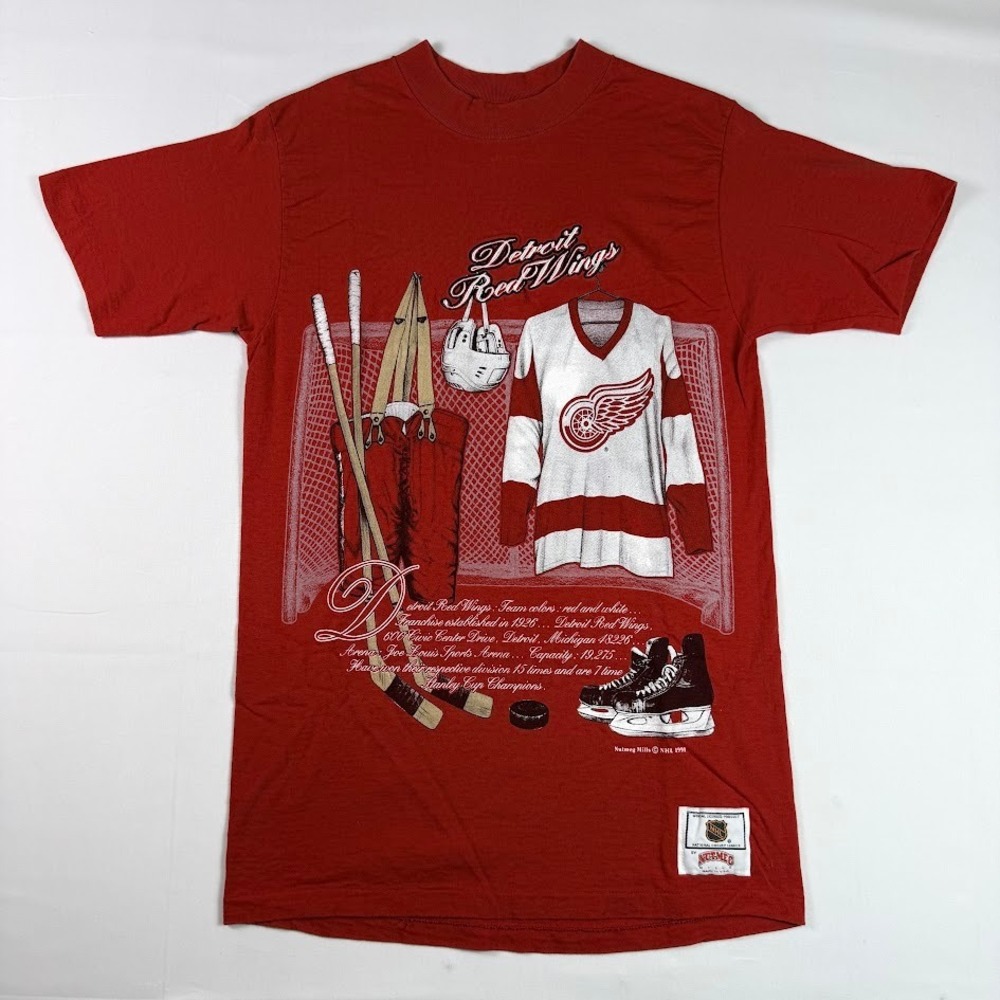Vintage 1991 Detroit Red Wings Nutmeg Mills NHL T-Shirt Red Kids Medium USA